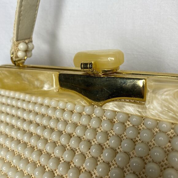 Vintage JEM Handbag Lucite Beaded Hand-Made British Hong Kong Cream Mid Century - Picture 5 of 16